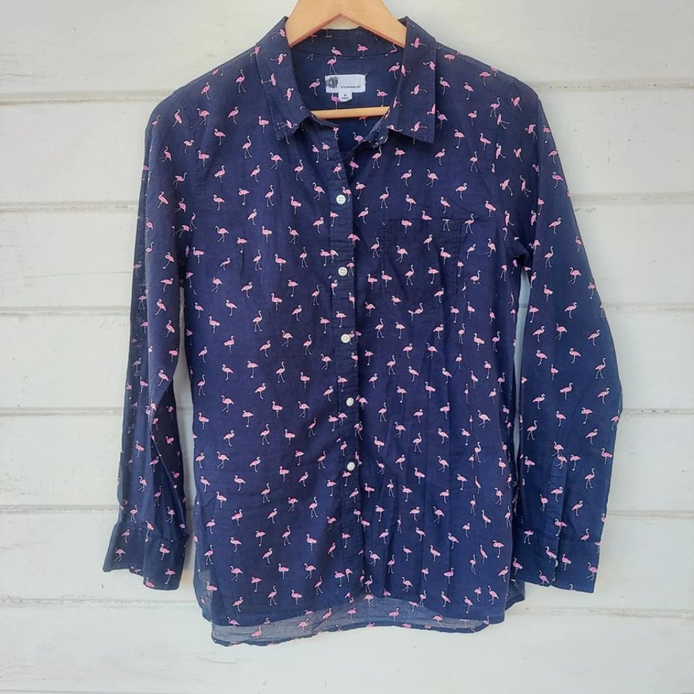 Gap Flamingo Print Long Sleeve Button Up Shirt Size Medium
